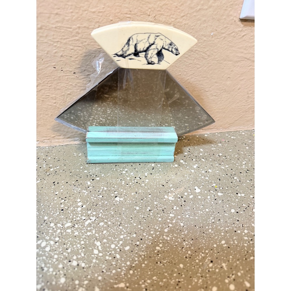 Polar Bear Scrimshaw Style Ulu Knife with Teal Wooden Display Stand Arctic Decor